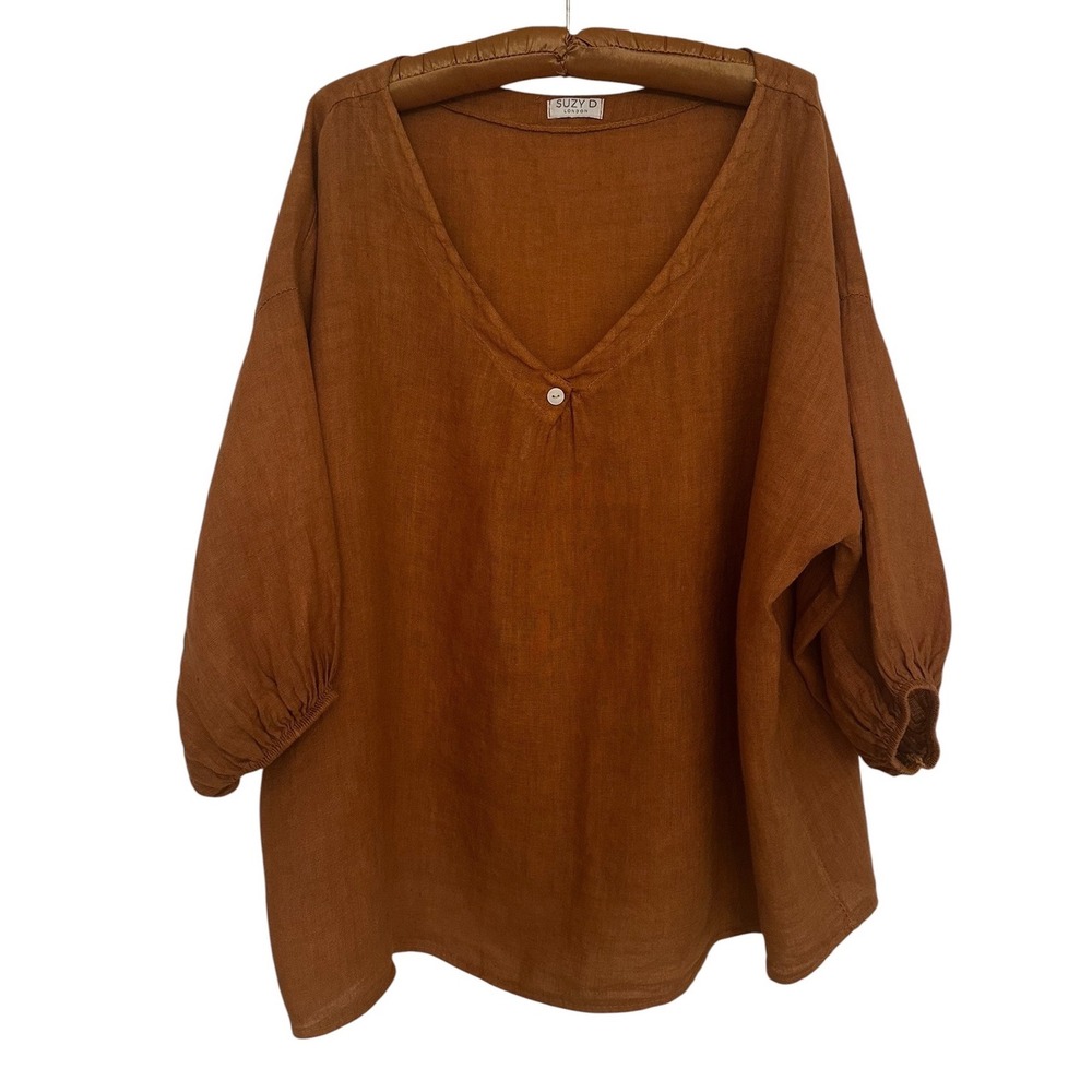Suzy D London Womens Linen Tunic Top Rust Brown Oversized Blouse Lagenlook Boho